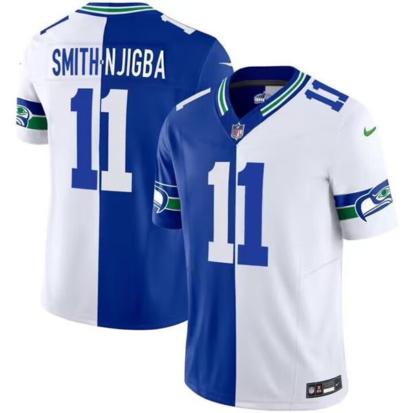 Men's Seattle Seahawks #11 Jaxon Smith-Njigba Royal/White Split Throwback Vapor Limited Stitched Football Jersey